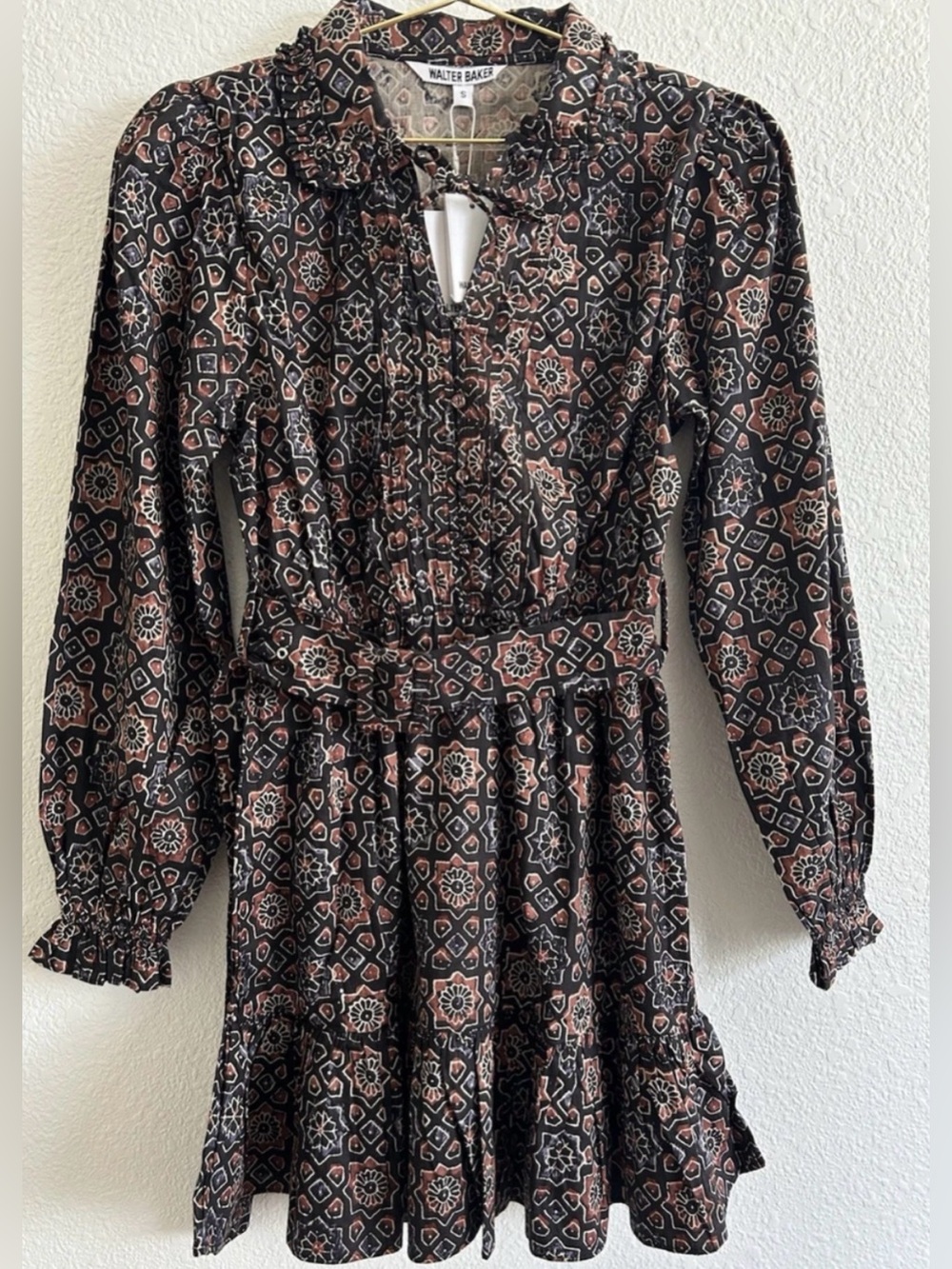 Walter Baker Black Floral-Geometric Long-Sleeve Tiered Dress